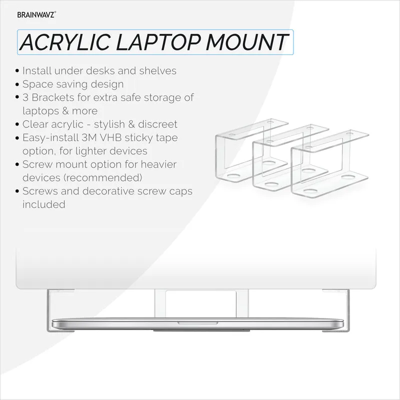 Laptop-Halter unter dem Schreibtisch, transparente VHB-Halterung und einschraubbare Geräte wie Laptops, Macbooks, Oberflächentastatur, Router, Modems, Kabelbox, Netzwerk-Switch und mehr