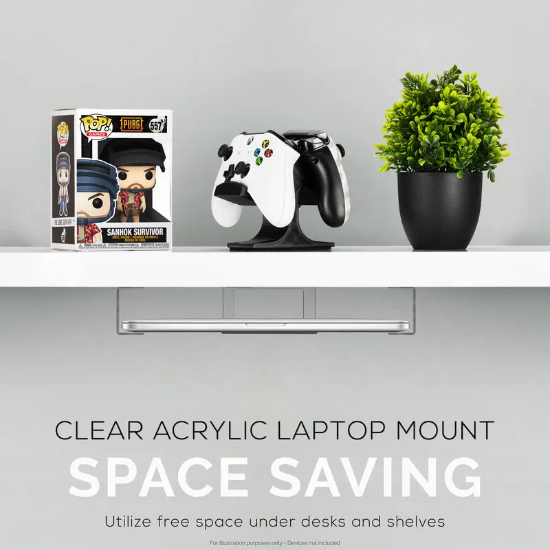 Laptop-Halter unter dem Schreibtisch, transparente VHB-Halterung und einschraubbare Geräte wie Laptops, Macbooks, Oberflächentastatur, Router, Modems, Kabelbox, Netzwerk-Switch und mehr