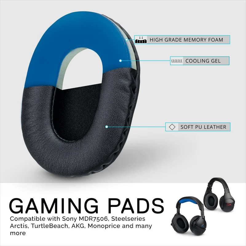 Pad Telinga Fon Kepala Permainan Dipertingkat - Bujur Kecil - Kulit PU dengan Gel Penyejuk & Buih Memori untuk Steelseries, Hyperx, Sony MDR-7506, AKG, Turtlebeach, Sennheiser & Banyak Lagi