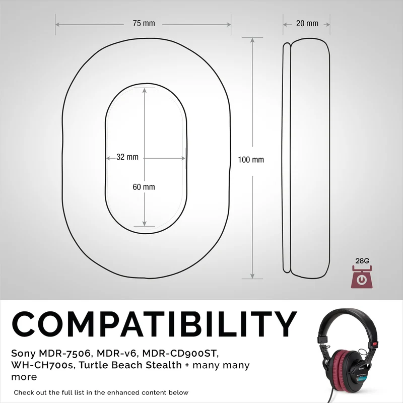 SONY MDR-7506 Ersatz-Premium-Ohrpolster - Auch geeignet für V6, CD900ST Kopfhörer (PU)