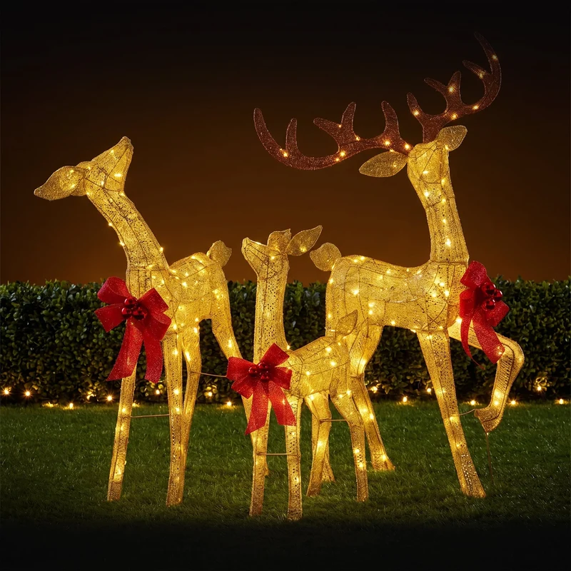 Christabelle 3 Reindeer Family Christmas Light Up Display 1.25m Gold Mesh Animated Outdoor Indoor Xmas Yard Lawn Statue