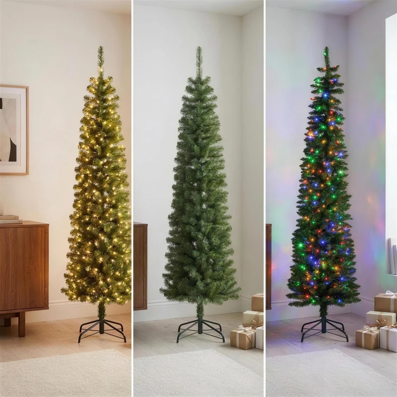Christabelle 1.8m 6ft Pencil Pine Christmas Tree Pre Lit Multi Function LED Slim Artificial Indoor Xmas Decor Home