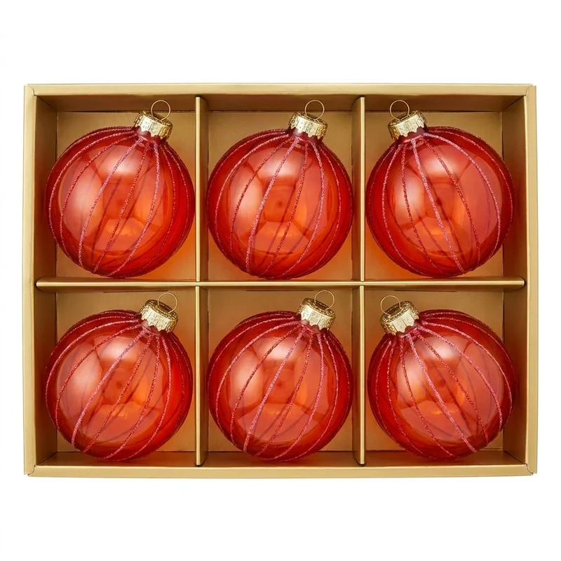 Christabelle 6 Red Glass Christmas Baubles Pink Beaded Stripes 8cm Xmas Tree Decorations Hanging Ornaments