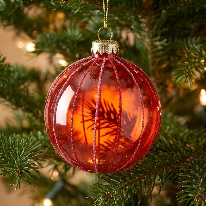 Christabelle 6 Red Glass Christmas Baubles Pink Beaded Stripes 8cm Xmas Tree Decorations Hanging Ornaments
