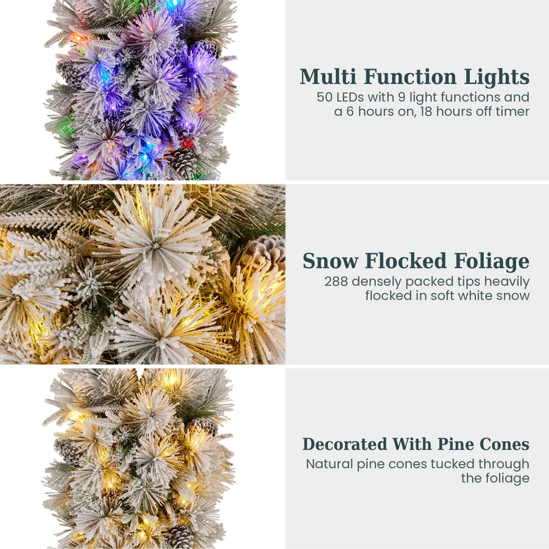 Christabelle 90cm Alpine Snow Christmas Wreath Teardrop Pre Lit Multi Function LED Timer Flocked Pine Cones Home