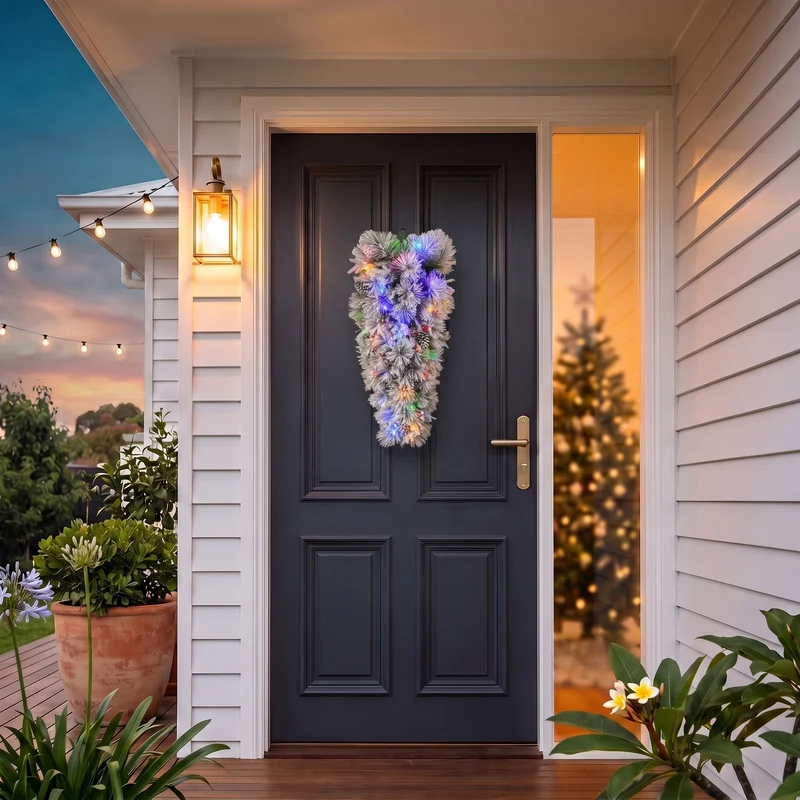 Christabelle 90cm Alpine Snow Christmas Wreath Teardrop Pre Lit Multi Function LED Timer Flocked Pine Cones Home