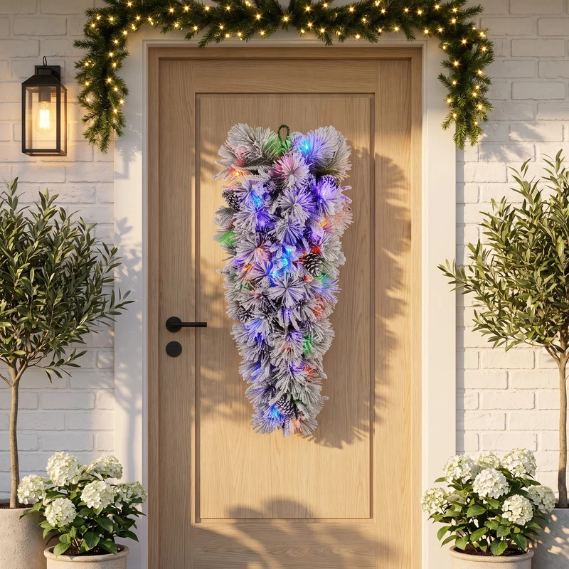 Christabelle 90cm Alpine Snow Christmas Wreath Teardrop Pre Lit Multi Function LED Timer Flocked Pine Cones Home