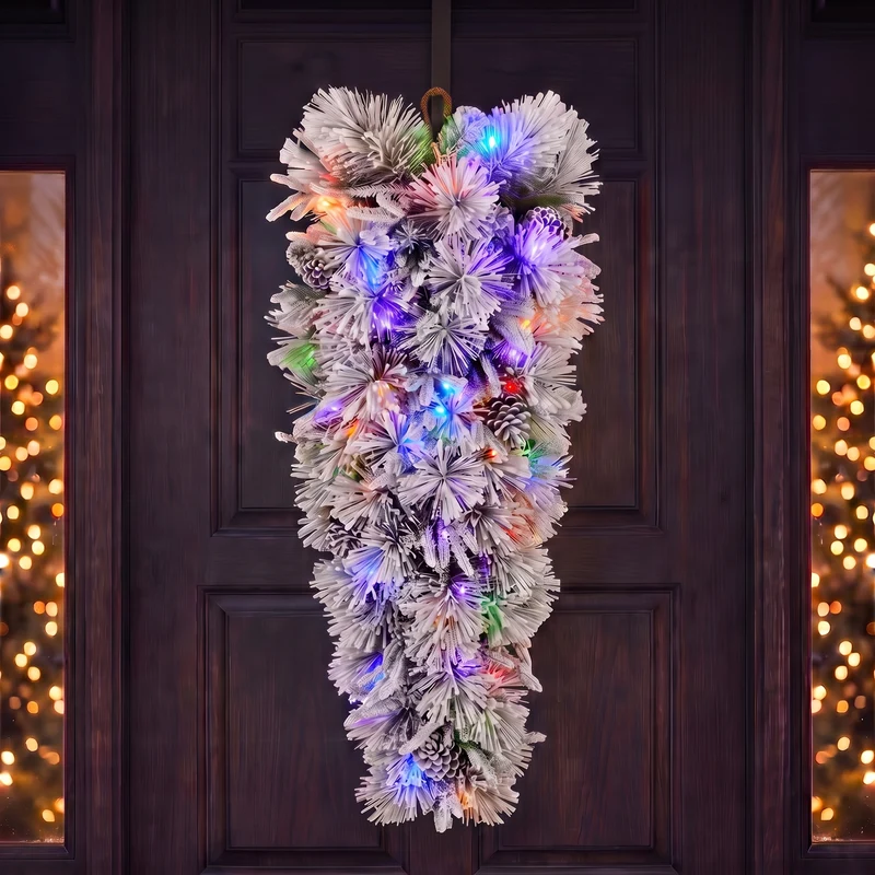 Christabelle 90cm Alpine Snow Christmas Wreath Teardrop Pre Lit Multi Function LED Timer Flocked Pine Cones Home