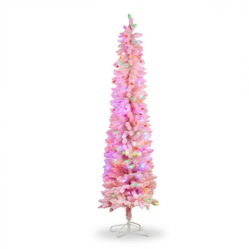 Christabelle 1.8m 6ft Pink Fairy Floss Christmas Tree Pre Lit RGB LED Flocked Slim Artificial Indoor Xmas Decor Home