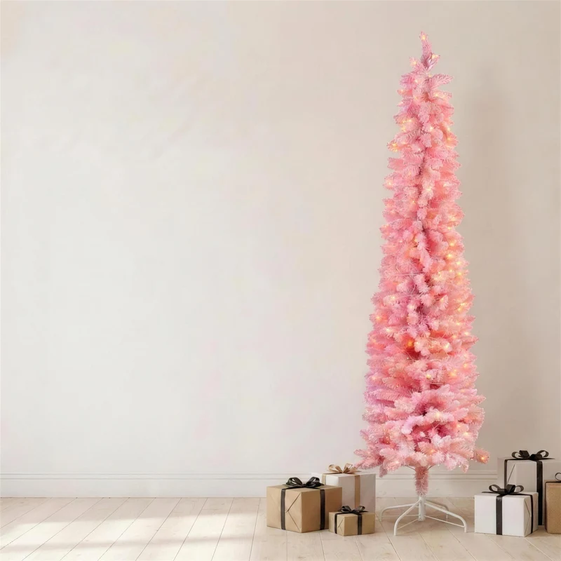 Christabelle 1.8m 6ft Pink Fairy Floss Christmas Tree Pre Lit RGB LED Flocked Slim Artificial Indoor Xmas Decor Home