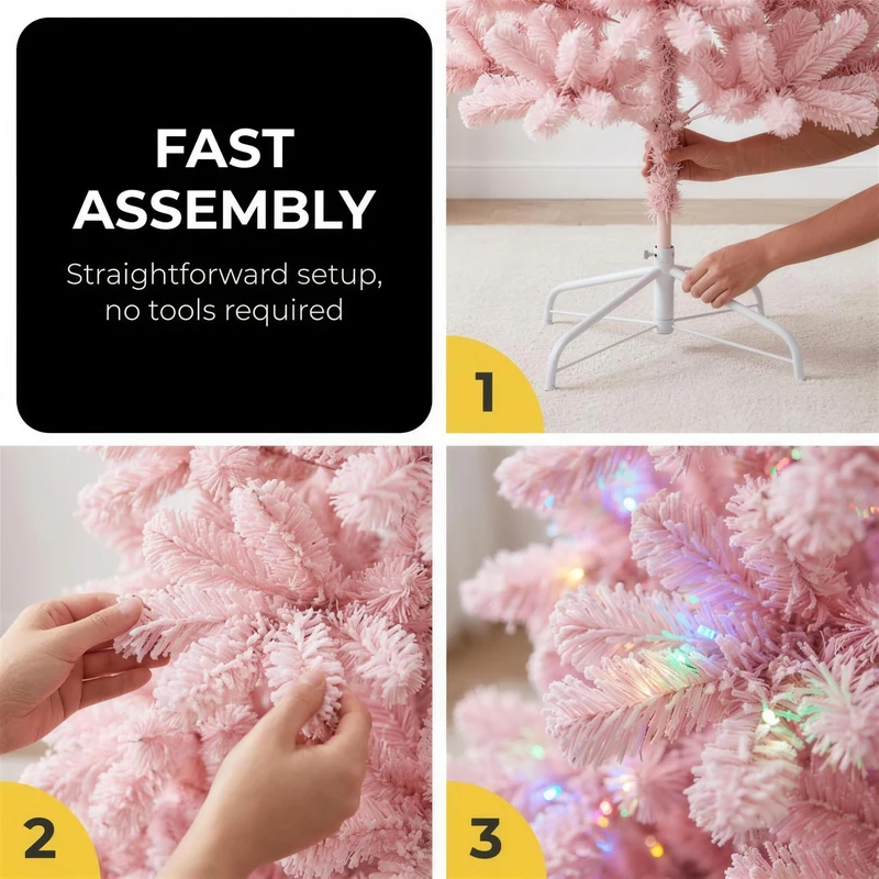 Christabelle 1.8m 6ft Pink Fairy Floss Christmas Tree Pre Lit RGB LED Flocked Slim Artificial Indoor Xmas Decor Home