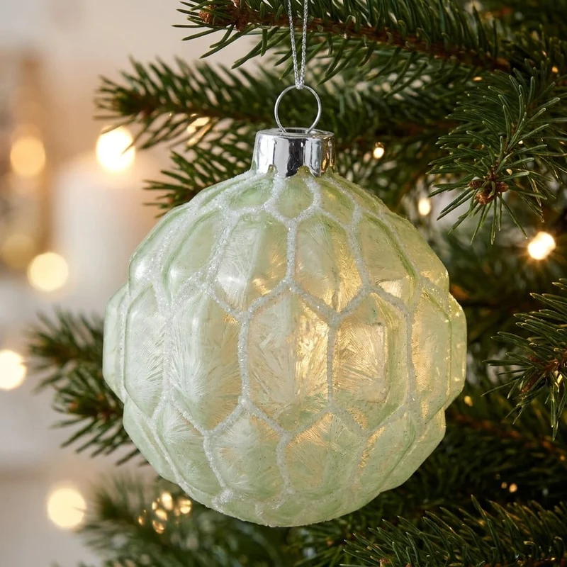 Christabelle 6 Pale Green Glass Christmas Baubles White Shimmer 8cm Xmas Tree Decorations Hanging Ornaments