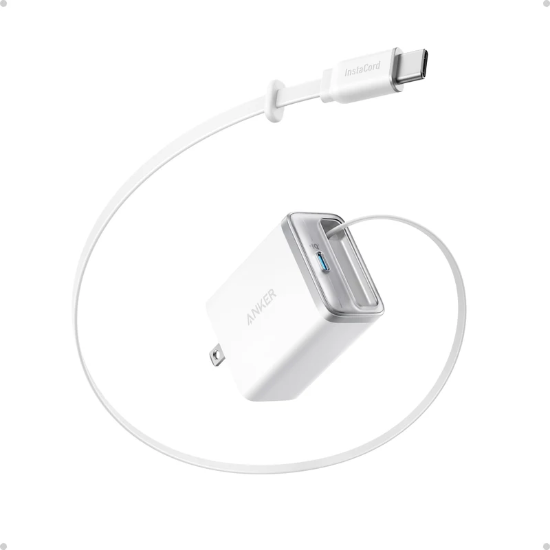 Anker Nano USB-C Cargador de 35W, Compacto con 2 Puertos y Cable retráctil InstaCord Integrado, Compatible con iPhone 17/16/15, iPad y más (Blanco, sin batería)
