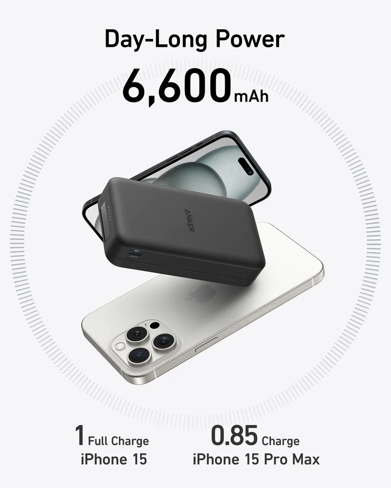 Anker MagGo Power Bank, Batería Externa de 6,600 mAh con Base Ajustable, Carga Inalámbrica de 15W con Certificación Qi2, Compatible con MagSafe y iPhone 15/14/13 (Incluye Cable USB-C)