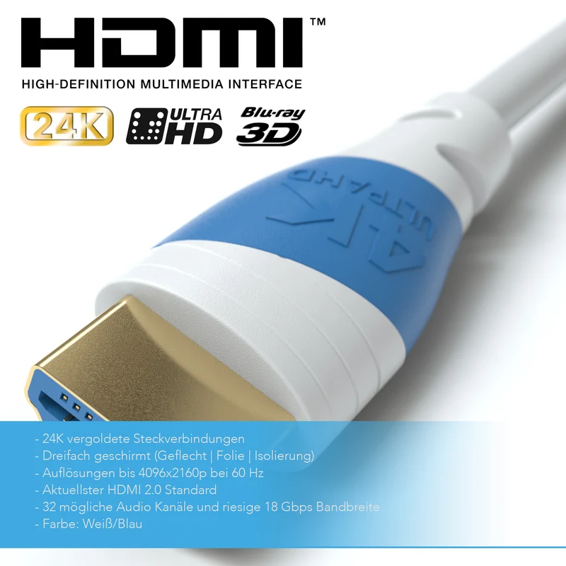 4K U-HD 2.0 HDMI Kabel - Plug Weiß/Blau - Variation "eBW"