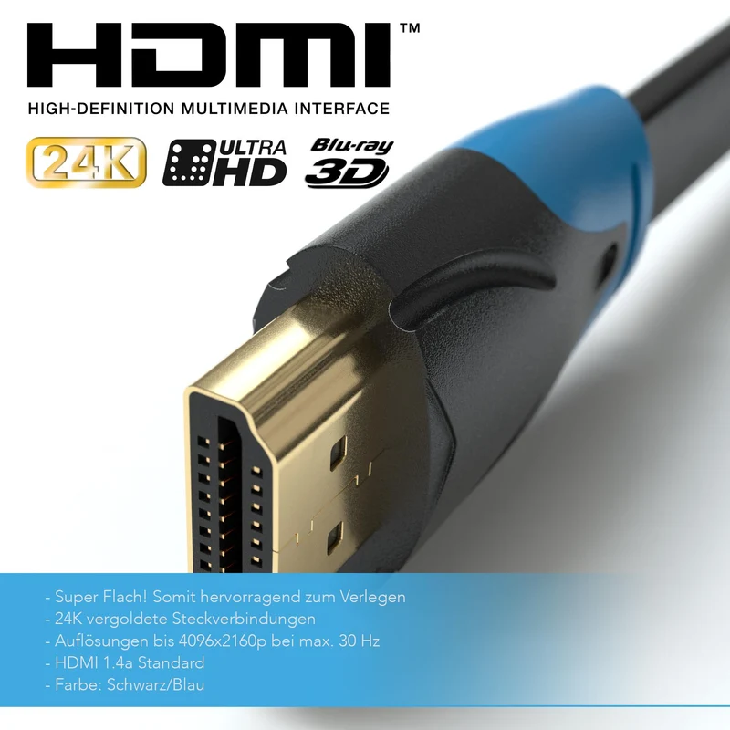 HDMI Kabel 1.4a _Flach_ - Plug schwarz/blau - Variation "eBW"