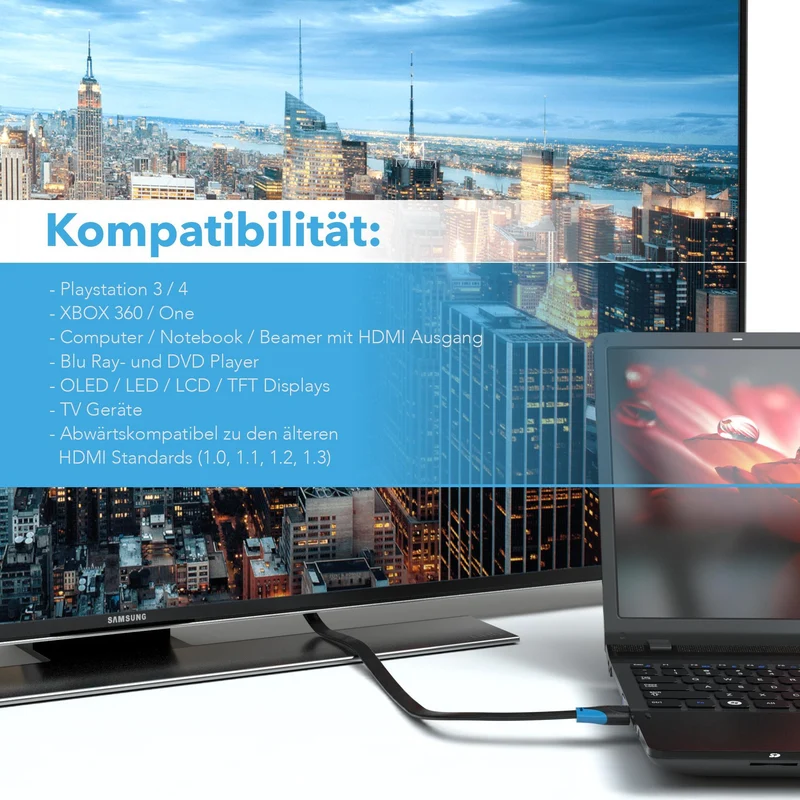 HDMI Kabel 1.4a _Flach_ - Plug schwarz/blau - Variation "eBW"