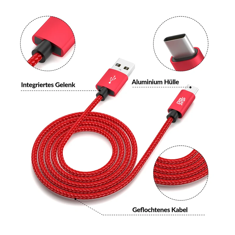 USB-C - USB A | Nylon + Metal Shell | *NEW MODEL* - Red - Variante "eBW"