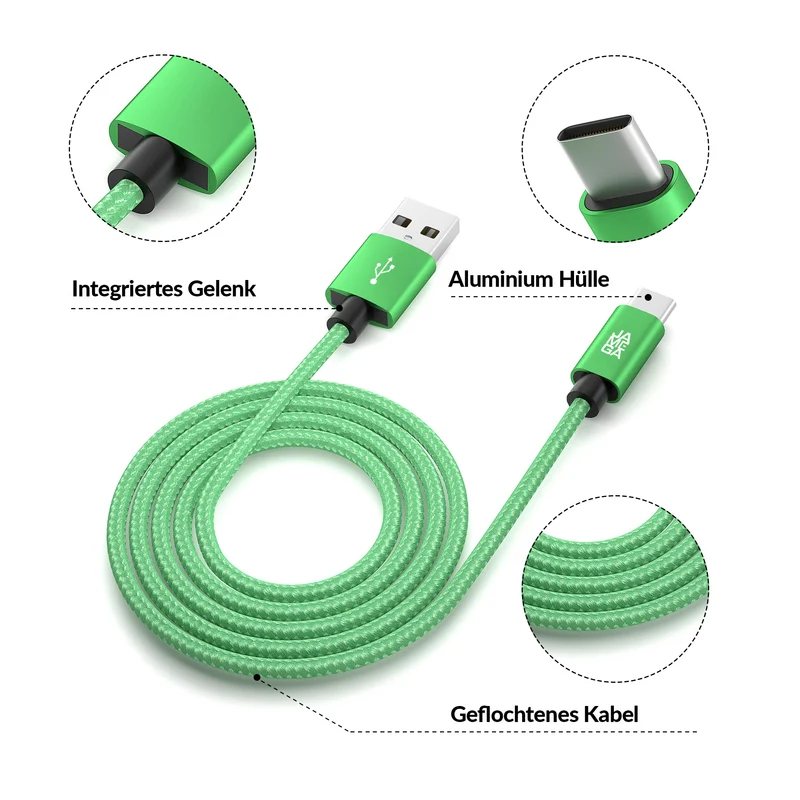 USB-C - USB A | Nylon + Metal Shell | *NEW MODEL* - Green - Variante "eBW"