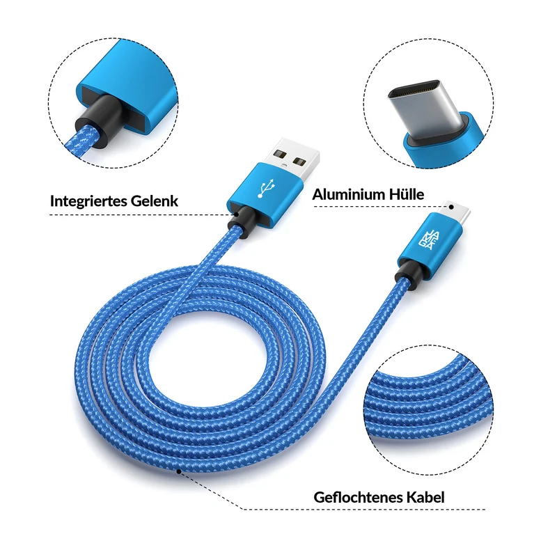 USB-C - USB A | Nylon + Metal Shell | *NEW MODEL* - Blue - Variante "eBW"