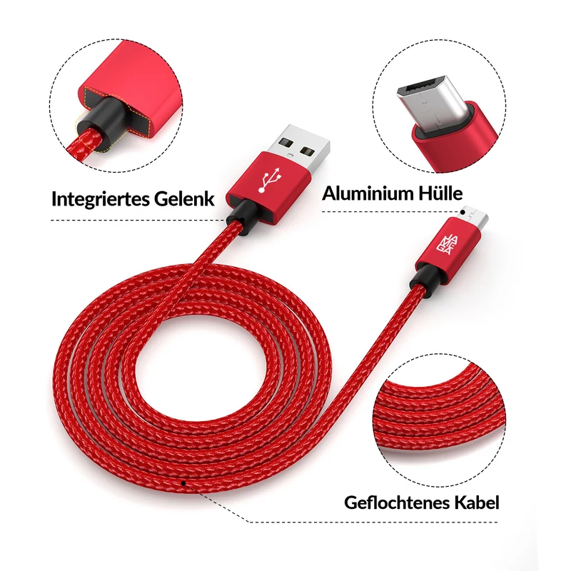 Micro USB Kabel | | 0,5 - 3m | | 4er Set Rot