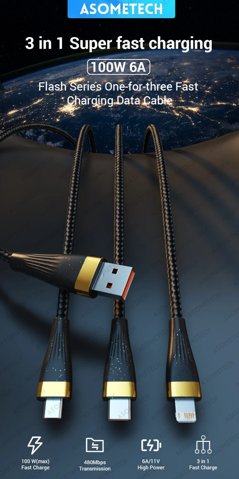 2m USB 100W Ladekabel Typ C Multi Micro Kabel Schnell Original Asometech