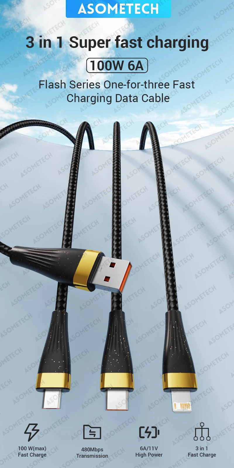 1,25m USB 100W Ladekabel Typ C Multi Micro Kabel Schnell Original Asometech
