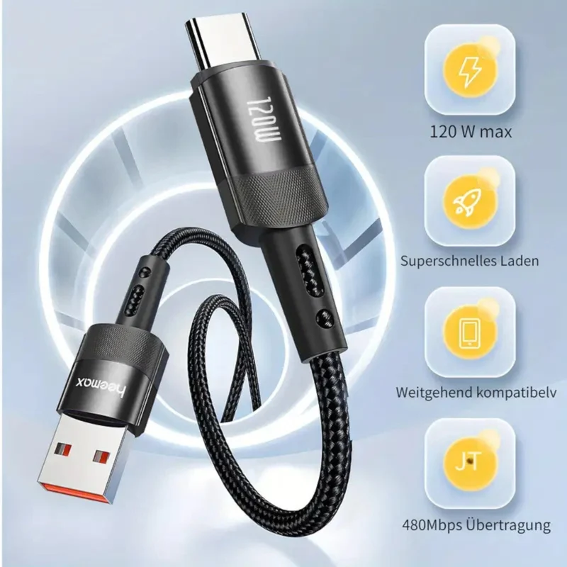7A 120W 1m Heemax Schnell Ladekabel USB A zu Typ C Daten Handy Nylon schwarz