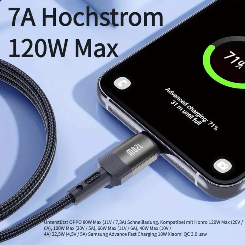 7A 120W 1m Heemax Schnell Ladekabel USB A zu Typ C Daten Handy Nylon schwarz