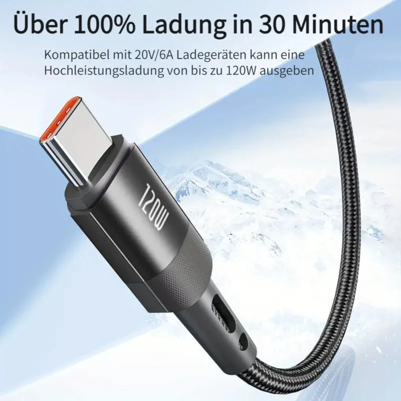 7A 120W 1m Heemax Schnell Ladekabel USB A zu Typ C Daten Handy Nylon schwarz