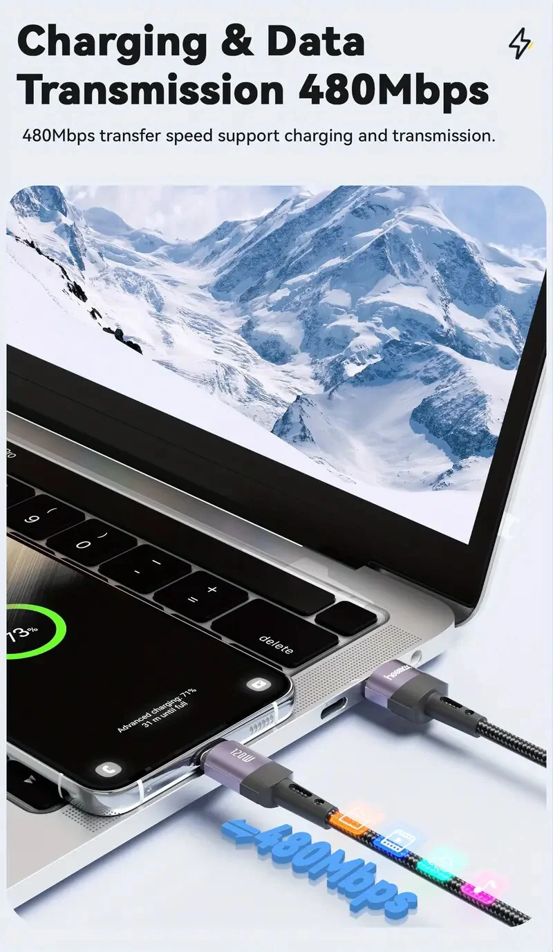 7A 120W 1m Heemax Schnell Ladekabel USB A zu Typ C Daten Handy Nylon schwarz