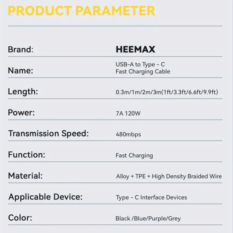 7A 120W 1m Heemax Schnell Ladekabel USB A zu Typ C Daten Handy Nylon schwarz