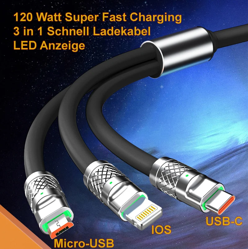 1,2m 3in1 USB Typ C, Micro USB, 6Pin Kabel Multi Micro Schnell Ladekabel schwarz