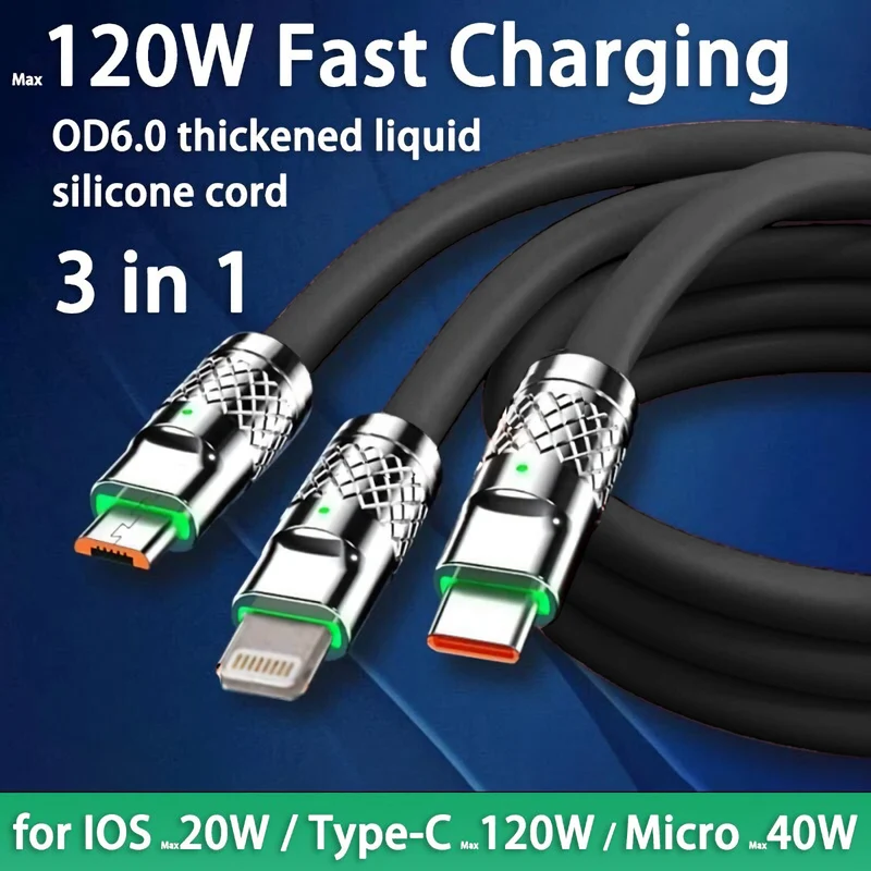 1,2m 3in1 USB Typ C, Micro USB, 6Pin Kabel Multi Micro Schnell Ladekabel schwarz