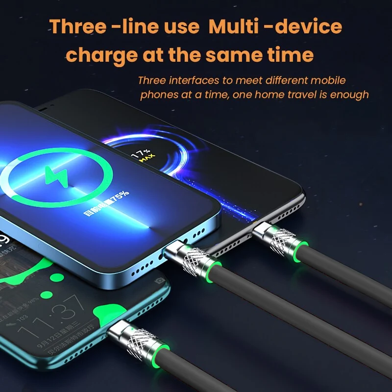 1,2m 3in1 USB Typ C, Micro USB, 6Pin Kabel Multi Micro Schnell Ladekabel schwarz