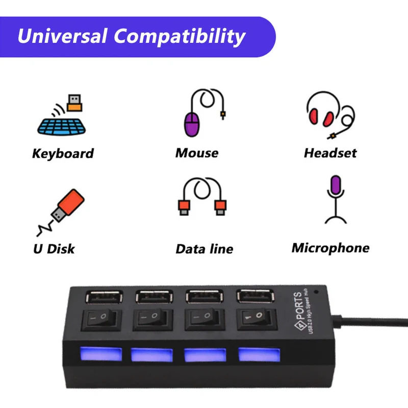 3K USB Hub 4 Port mit Einzelnen LED EIN- / Ausschalter Extender für PC Laptop