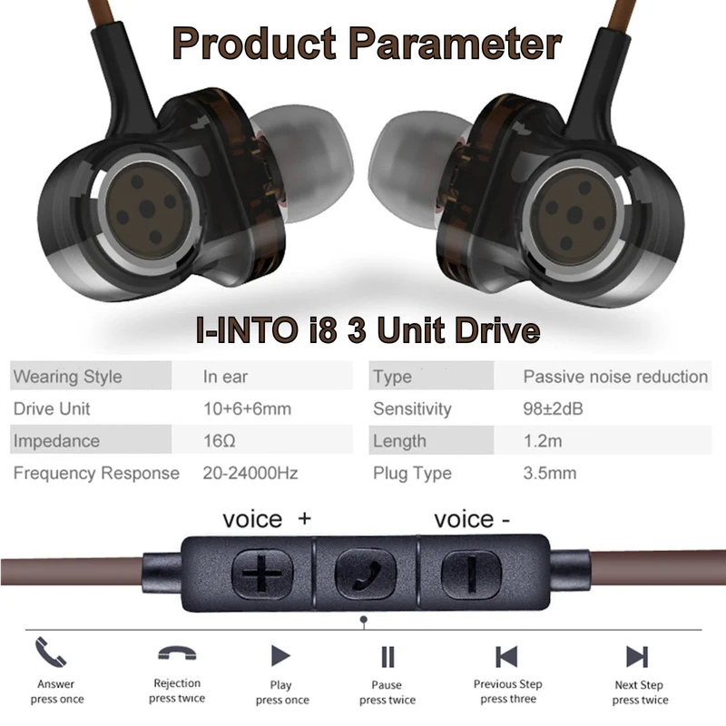 High-End In-Ear Headset 3 Unit Drive Professional HiFi Kopfhörer Micro i8