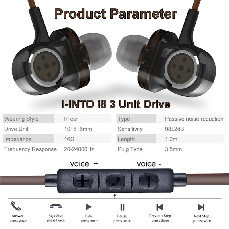 High-End In-Ear Headset 3 Unit Drive Professional HiFi Kopfhörer Micro i8