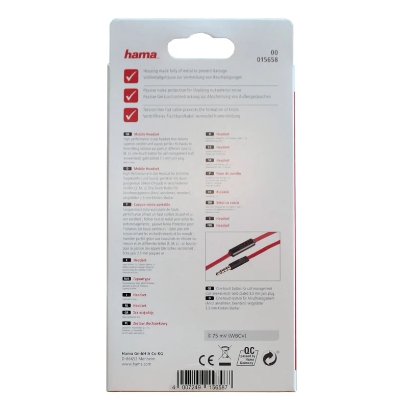 hama mobile Pro Headset Kopfhörer In-Ear Earphones Schwarz - Rot