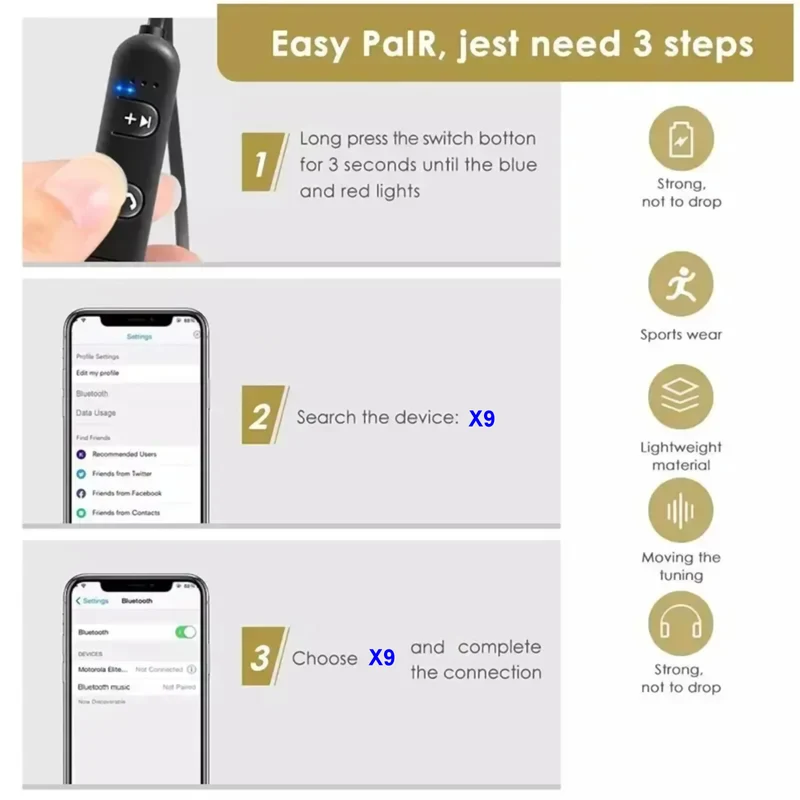 Bluetooth In Ear Kopfhörer Magnetisch Wireless Headset X9 Rot Gold
