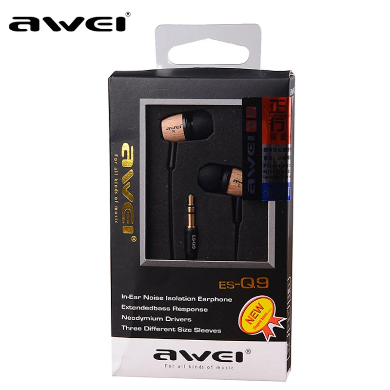 AWEI ES-Q9 Super Bass Holz In-Ear Headphones Earphones Holzton hellbraun