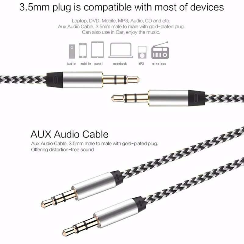 Audio Stereo Kopfhörer Anschlusskabel Nylon 1m 3,5mm Klinke Stecker > Stecker