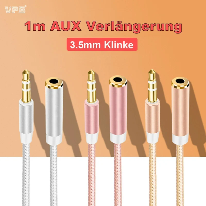 1m Nylon Audio Stereo Kopfhörer Verlängerungskabel 3,5mm Klinke Stecker > Buchse