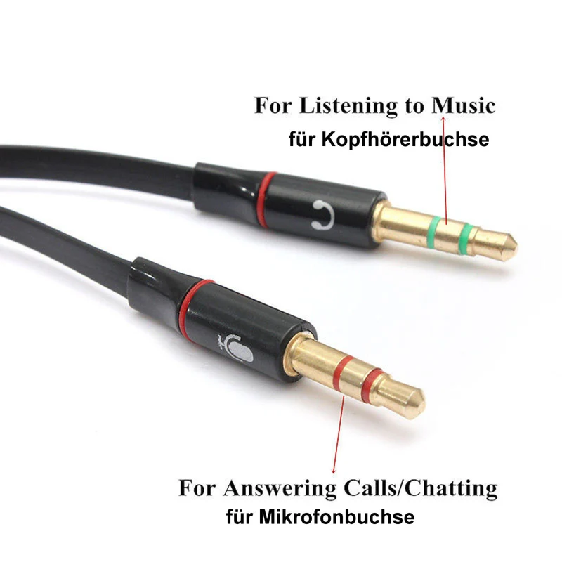 Audio Splitter Kabel Schwarz Y Adapter Kopfhörer Headset 3.5mm Flachkabel PC