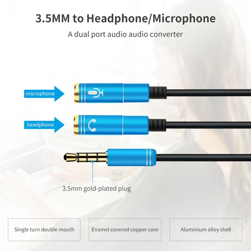 Audio Splitter Kabel Blau Y Adapter Headset 3.5mm Klinke Stecker > 2 x Buchse