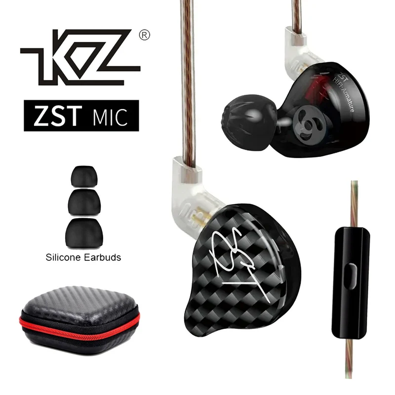 High-End In Ear Kopfhörer KZ ZST Pro Mic Black Messing In-Ear Premium Ohrhörer