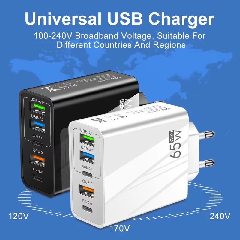5-Fach Schnell Ladegerät Stecker USB-A & USB-C 65W Netzteil Adapter Handy Tablet