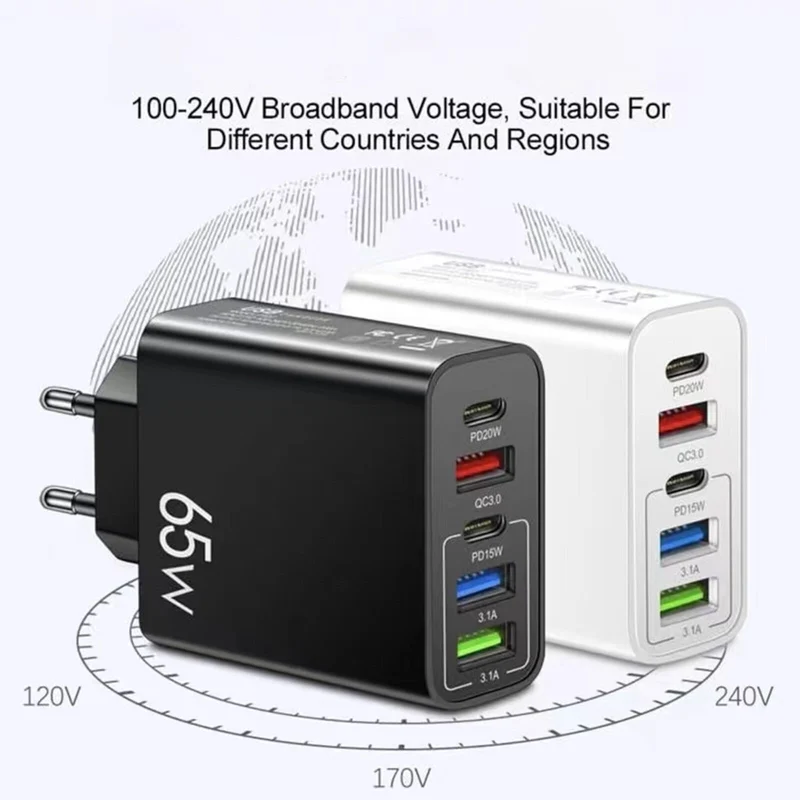 5-Fach Schnell Ladegerät Stecker USB-A & USB-C 65W Netzteil Adapter Handy Tablet