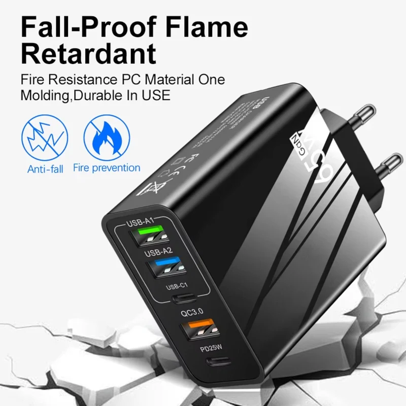 5-Fach Schnell Ladegerät Stecker USB-A & USB-C 65W Netzteil Adapter Handy Tablet
