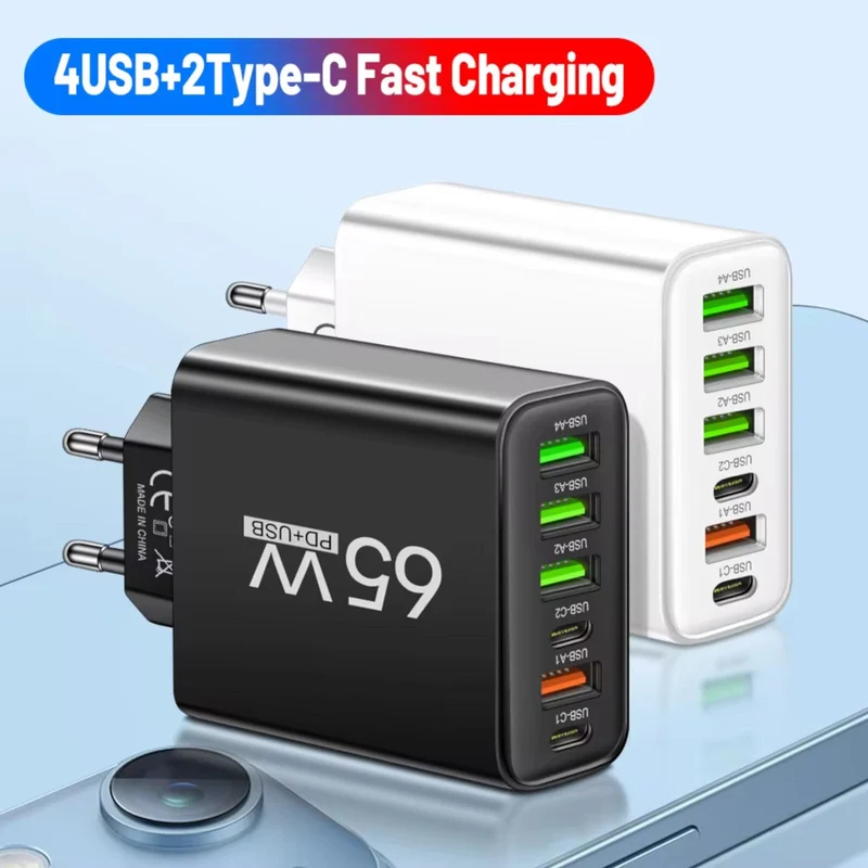 6-Fach Schnell Ladegerät Stecker 6 x USB Port 65W Netzteil Adapter Handy Tablet